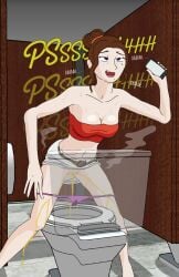 1girls belt breasts brown_hair cleavage eyes_rolling_back hair_bun indah_(polapolabianda) large_breasts open_mouth original original_character panties panty_pull peeing phone pink_panties polapolabianda purple_eyes pussy relief relieved restroom_stall skirt skirt_lift solo stained_panties sweat toilet toilet_stall toilet_use tongue underwear wet wet_panties white_skirt
