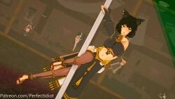 belly_dancer_outfit black_hair cat_ears catgirl kali_belladonna koikatsu midriff milf mirror perfect_idiot pole_dancing rwby sandals yellow_eyes
