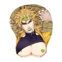 angry artist_request athletic athletic_male blonde_hair bound breasts british collar covered_nipples cracked_floor dio_brando earrings fanart fangs feminine_faced_male green_lipstick jojo's_bizarre_adventure long_nails looking_at_viewer male male_only mousepad mousepad_design muscular muscular_chest muscular_male nipple_peek nipple_stickers nipples nipples_covered on_back sharp_teeth shonen_jump shounen_jump snarling stardust_crusaders teeth undressed unknown_artist vampire yaoi year_request