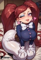 ai_generated aiba_manami arms_up bare_thighs boku_no_hero_academia gigantic_breasts huge_breasts huge_thighs la_brava_(my_hero_academia) light-skinned_female light_skin looking_at_viewer massive_breasts my_hero_academia one_eye_closed pink_eyes red_hair shortstack shounen_jump smiling solo_female squatting sweat sweatdrop thick_body thick_female thick_thighs thighs twintails voluptuous voluptuous_female yashugai