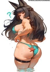 1girls 2d 2d_(artwork) ai_assisted animal_ears artist_name ass bikini black_hair blunt_bangs breasts color digital_drawing_(artwork) erotic_nansensu female female_focus female_only hoshimi_miyabi large_breasts light-skinned_female light_skin looking_down patreon_username question_mark red_eyes simple_background solo starfish straight_hair swimsuit thick_thighs thigh_strap thighs watermark white_background wide_hips zenless_zone_zero