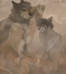 anthro astrayd0g balls big_balls big_penis bodily_fluids body_hair canid canine canis doggone_(astrayd0g) duo felid feline hi_res male male/male mammal musk mythological_canine mythological_creature mythology penis size_difference smoke steam sweat werecanid werecanine werecreature werewolf wolf