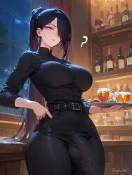 1futa absurd_res ai_generated amiiari bartender belt big_breasts big_penis breasts bulge bulge_through_clothing confusion cross_earrings detailed dickgirl erection erection_under_clothes from_below futa_only futanari goth gothic hair_over_eye hair_over_one_eye highres holding_object huge_ass huge_breasts large_penis long_penis massive_penis penis penis_to_the_knees penis_under_clothes plate pointing pointing_at_penis ponytail question_mark rebecca_(amiiari) restaurant server thick_thighs very_long_hair