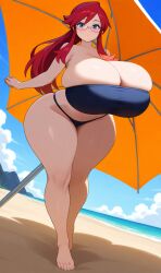 ai_assisted ai_generated beach bikini curvy glasses huge_breasts long_hair lorelei_(pokemon) pokemon red_hair thick_thighs