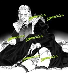 1boy erection femboy femboy_only feminine feminine_faced_male feminine_male jojo's_bizarre_adventure leone_abbacchio lingerie long_hair maid maid_headdress maid_uniform male male_only monochrome nipples not_ai_generated penis shounen_jump solo solo_male tagme vento_aureo watermark yaoi