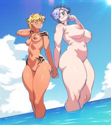 2girls areolae big_breasts black_hair blonde_hair blush breasts completely_nude dark-skinned_female dark_skin earrings eyebrow_piercing female female_only green_eyes grin hair_over_one_eye hand_holding hi_res jagua_tales kiara_diaz large_thighs legs_in_water light-skinned_female light_skin looking_at_each_other mesiasart nude nude_female purple_hair pussy sea short_hair slightly_chubby smiling smiling_at_each_other tania_serrata tattoo tattoos thick_ass thick_thighs two_tone_hair wide_hips