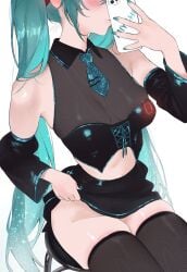1girls aqua_hair aqua_nails aqua_necktie bare_shoulders black_skirt black_thighhighs blush breasts cellphone clothes_lift commentary detached_sleeves english_commentary eyes_out_of_frame female hatsune_miku head_out_of_frame highres holding holding_phone lifting_own_clothes long_hair miychi nail_polish necktie no_panties on_stool phone photo-referenced selfie simple_background sitting skirt skirt_lift smartphone solo thighhighs twintails very_long_hair vocaloid white_background