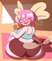ass big_ass cute facing_viewer juice looking_back pink_body sitting smile vitzy_(vitzypie) vitzypie zaviel