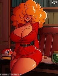1girls afro alternate_version_available belt big_breasts big_hair breasts cleavage female female_only frostbiteboi hair hair_over_eyes hips huge_breasts lips lipstick mature mature_female mature_woman office_clothing office_lady orange_hair phone powerpuff_girls red_lips red_lipstick sara_bellum solo solo_female thick_lips thick_thighs thighs wide_hips