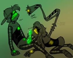 1boy 1boy1girl 1girls absolute_solver backwards_baseball_cap cyn_(murder_drones) female glowing_genitalia glowing_penis green_eyes licking_penis male male/female murder_drones robot robot_boy robot_girl robot_humanoid staring_at_another tagme thad_(murder_drones) worker_drone yellow_eyes