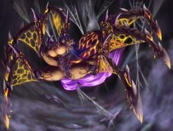 black_sclera claws detailed_background glowing glowing_body glowing_eyes large_breasts leoneluran long_hair nipples purple_hair scar scary spider_girl spider_web tessa_atelier yellow_eyes
