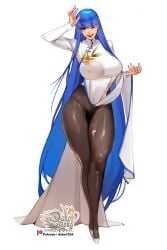 big_breasts black_panties blue_eyes blue_hair blue_nails breasts high_heels hu_dako lace_panties lifting_skirt long_hair longsleeve pantyhose qipao qipao_dress ripped_clothing ripped_pantyhose smile tights wink