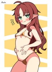 2d arknights bikini blush blush female female female_only gold_bikini hendra licking_lips long_ears long_hair looking_at_viewer myrtle_(arknights) red_hair small_breasts smile