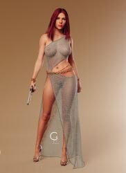 1girls 3d black_widow_(marvel) breasts female giorgio_rendering gun marvel marvel_cinematic_universe marvel_comics nipples nipples_visible_through_clothing pubic_hair pussy red_hair scarlett_johansson solo translucent_clothing