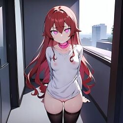 ai_assisted ai_generated collar empty_eyes eris_greyrat hypnosis looking_at_viewer mind_control mushoku_tensei nipples no_bra no_panties pink_eyes pussy red_hair standing stockings straight