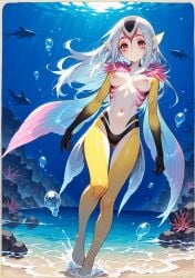 1girls ai_generated blue_submarine_no._6 breasts completely_nude_female female grey_hair mutio nipples nude nude_female pointy_ears red_eyes short_hair