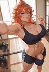 2025 abs ai_generated bangs big_breasts black_clover blue_eyes blush breasts bulge cleavage dickgirl dolphin_shorts futanari gym gym_clothes hi_res huge_breasts kimmiefu large_breasts long_hair looking_at_viewer mereoleona_vermillion muscular muscular_futanari nipple_bulge orange_hair peace_sign pose self_upload selfie shorts sidelocks solo sports_bra standing sweat tagme toned_futa topwear v_sign veiny_penis