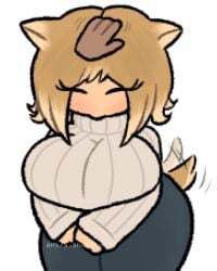 1female 1girls 2d 2d_(artwork) 2d_artwork adorable adorable_face adorable_girl artist_name artist_signature big_breasts blush blushing_female breasts canine clasped_hands closed_eyes cute cute_face cute_girl dog_ears dog_girl dog_tail head_down hips hira.shotgun huge_breasts no_sex offscreen_character pet petting petting_head shiba_(hira.shotgun) shiba_inu shiba_inu_humanoid short_hair sweater tail tail_wag tail_wagging unique_style wholesome wide_hips