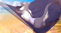 anthro artist_logo ass beach blurred_background breasts catherinemeow female fur furry grey_body grey_eyes grey_fur grey_hair hammock hi_res logo looking_at_viewer looking_back looking_back_at_viewer lying medium_breasts nude on_front original original_character outside public public_nudity sand seaside sergal side_view story story_in_description tail
