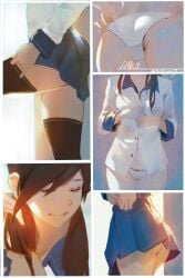 blue_skirt hu_dako skirt undressing white_panties