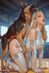 1girls ahe_gao ahegao_face ai_generated bestiality blonde_hair blue_eyes canid canine canis doggy_style domestic_dog emp_kimberly female feral interspecies invisible_woman invisible_woman_(marvel_rivals) looking_pleasured male marvel_rivals pleasure_face short_dress sue_storm vaginal_penetration vaginal_sex wedding_dress zoophilia