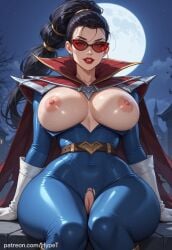 ai_generated alternate_version_at_source big_breasts black_hair bodysuit breasts female glasses hypet latex_suit league_of_legends long_hair red_glasses shiny shiny_skin sitting solo suit tagme thick thick_ass thick_legs thick_thighs thighs vayne