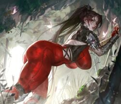 bent_over big_breasts bodysuit breasts brown_hair lerapi looking_at_viewer soul_calibur taki thick_thighs tight_clothing