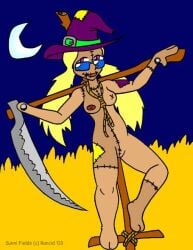 anthro blade blade_arm bladed_weapon blonde_hair bound button_nipples clothing eyewear female genitals hair hat headgear headwear living_scarecrow melee_weapon moon nailed night nude nude_female patchwork_creature polearm rancid scarecrow scythe sewn_mouth solo sunglasses tied_to_pole undead weapon weapon_hand witch_hat