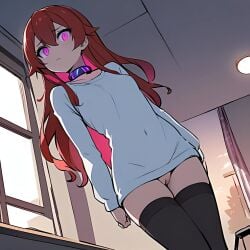 ai_assisted ai_generated collar eris_greyrat hypnosis masterpiece mind_control mushoku_tensei no_panties pink_eyes pussy red_hair standing stockings straight t-shirt zxcsuxarik3