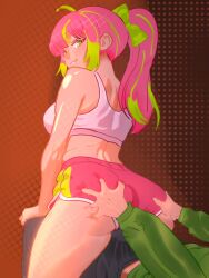 1boy 1girls ass before_sex big_ass big_breasts big_thighs blush breasts butt erect_penis erection fangs female grabbing_ass green_eyes green_hair groping_ass huge_ass huge_thighs indie_virtual_youtuber male marking_below_eyes open_mouth penis pink_hair ponytail tagme thick_thighs thighs toma_(vtuber) touching_ass twitch vedal987 virtual_youtuber vtuber