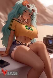 1girls 2d ai_generated aqua_hair ass barefoot big_ass big_breasts bikini bracelet brazilian_miku breasts dark-skinned_female earrings erophoenix eyewear_on_head feet full_body grin hair_flower hair_ornament hatsune_miku huge_breasts jewelry kneeling long_hair looking_at_viewer looking_back nail_polish patreon_username shorts smile soles solo solo_female sunglasses swimsuit tan tellow_shirt thick thick_thighs toes uncensored vocaloid