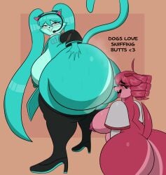 absurd_res anthro arm_warmers armwear ass blue_body bodily_fluids butt_sniffing canid canine canis clothing domestic_cat domestic_dog duo felid feline felis female female/female hatsune_miku hi_res kasane_teto leggings legwear looking_back mammal mechaclank musk red_body simple_background sniffing sweat sweaty_butt vocaloid
