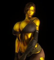 1girls 3d 3d_(artwork) alternate_breast_size alternate_skin_color big_breasts bikini_top black_bikini_top black_gloves breasts breasts_bigger_than_head cleavage clothed clothed_female female female_only female_solo gigantic_breasts gloves golden_skin hi_res high_resolution highres hourglass_figure huge_breasts human human_female human_only large_breasts looking_at_viewer metal_gear_solid metal_gear_solid_v metallic_body metallic_skin quiet_(metal_gear) red_lipstick solo solo_female upper_body vaako