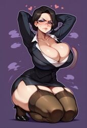 ai_generated angry_expression arms_up bare_thighs black_hair blush brown_eyes garter_belt gigantic_breasts glasses huge_breasts huge_thighs light-skinned_female light_skin massive_breasts mature_female milf office_lady original original_character short_hair solo_female squatting sweat sweatdrop thick_body thick_female thick_thighs thighs voluptuous voluptuous_female yashugai