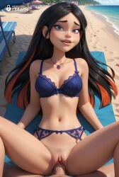1boy 1boy1girl 1girls ai_generated artist_name beach black_hair blue_bra blue_eyes bottomless bra braceface breasts cleavage clitoral_hood collarbone colored_inner_hair day eyeshadow female_pubic_hair garter_belt hi_res jewelry lingerie lips long_hair looking_at_viewer lying m_legs makeup maria_wong medium_breasts missionary mole mole_on_breast multicolored_hair navel necklace ocean on_back open_mouth orange_hair outdoors palm_tree patreon_username penis pov pubic_hair pussy r34arts sand sex smile solo_focus spread_legs straight teeth towel two-tone_hair uncensored underwear vaginal_penetration vaginal_penetration vaginal_sex web_address
