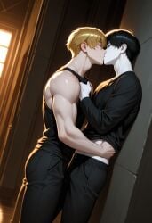 2boys ai_generated black_hair golden_hair indoors kissing male pale_skin yaoi