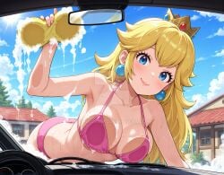 2025 ai_generated blonde_female blonde_girl blonde_hair_female blue_earrings blue_eyes deviantart elryusam golden_crown holding_sponge meta nintendo not_porn orange_cheeks orange_lipstick pink_bikini princess_peach sexy.ai sexy_body sexy_female sexy_woman super_mario_bros. washing_car wet_bikini wet_body wet_skin