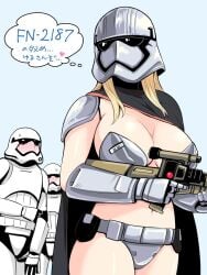 1girls 2boys almost_naked almost_nude background background_character blonde_female blonde_hair blush bra cape captain_phasma first_order_stormtrooper gloves gun hearts_around_text helmet helmet_covering_face helmet_with_visor japanese_text large_breasts panties rifle shoulder_pads simple_background star_wars thought_bubble white_background