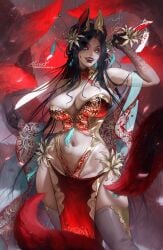 big_breasts black_hair breasts cleavage commission fangs female fox_ears lerapi looking_at_viewer original_character