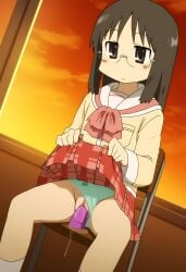 ai_generated aizumanga classroom emotionless expressionless female_masturbation minakami_mai nichijou panties_aside pussy_juice sitting_on_chair sitting_on_dildo skirt_lift sunset tagme