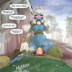 1boy 1girls alien_girl blue_body blue_skin blush bottomless breasts breasts_out female functionally_nude functionally_nude_female guardsman_(warhammer_40k) imperial_guard large_penis male medium_breasts nipples penis pussy red_eyes roadiesky silver_hair tau text text_bubble vaginal_penetration warhammer_(franchise) warhammer_40k