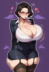 ai_generated angry_expression bare_thighs black_hair blush brown_eyes garter_belt gigantic_breasts glasses huge_breasts huge_thighs light-skinned_female light_skin looking_at_viewer massive_breasts mature_female milf office_lady original original_character short_hair solo_female squatting sweat sweatdrop thick_body thick_female thick_thighs thighs voluptuous voluptuous_female yashugai