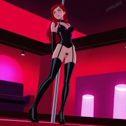 ai_generated ben_10 ben_10_alien_force ben_10_ultimate_alien black_eyeshadow goth green_eyes gwen_tennyson gwen_tennyson_(alien_force) gwen_tennyson_(ultimate_alien) high_heels leather_clothing leather_gloves leather_straps leggings pubic_hair red_hair sgt.sixx strip_club stripper_pole