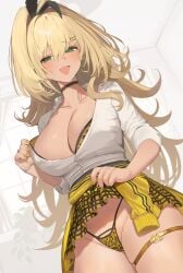 1girls animal_ears animal_print black_choker blonde_hair bra bra_peek breasts choker cleavage clothes_around_waist clothes_lift commentary_request dark-skinned_female dark_skin fake_animal_ears female goddess_of_victory:_nikke green_eyes gyaru highres large_breasts leopard_print leopard_print_bra leopard_print_panties lifted_by_self lifting_own_clothes long_hair oerba_yun_fang onee_gyaru panties rabbit_ears rupee_(nikke) skirt skirt_lift skirt_lifted_by_self solo sorotu sweater sweater_around_waist thigh_strap thighs underwear yellow_panties yellow_skirt