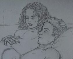 1boy 1girls after_sex attack_of_the_clones beauty_mark bed breasts curly_hair female girl_on_top hand_in_hair male master-burglar nipples pleased_expression robotic_arm sketch star_wars