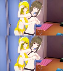 2girls 3d big_breasts blonde_hair bra breasts brown_hair caught changing_room doki_doki_literature_club edit edited feeling_chest female girls_only green_eyes groping_breasts_from_behind himari_(doki_doki_literature_club) horny_female kaori_(doki_doki_literature_club) koikatsu locker_room looking_at_each_other looking_at_viewer mischievous_look mischievous_smile navel panties red_eyes smug_face