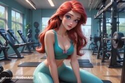 1girls ai_generated ariel ariel_(the_little_mermaid) artist_name bare_shoulders blue_eyes blush bow breasts cleavage collarbone disney disney_princess dumbbell exercise freckles gym hi_res indoors lips long_hair looking_at_viewer medium_breasts midriff navel pants patreon_username progenarts red_hair sitting smile solo sports_bra the_little_mermaid the_little_mermaid_(1989_film) watermark web_address window wooden_floor yoga_pants