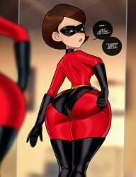 1girls ass brown_hair canonical_scene dialogue elastigirl elastigirl_ass_redraw hazel_eyes helen's_ass_check helen_parr long_gloves loodncrood looking_at_self looking_back looking_in_mirror mask milf mirror mirror_reflection pixar pout reflection the_incredibles thick_ass thick_thighs thigh_boots unhappy_female