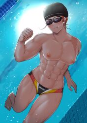 1girls abs absurdres blush breasts female harurukan highres looking_at_viewer male_swimwear male_swimwear_challenge medium_breasts muscular muscular_female navel original pool pout red_eyes red_hair scar short_hair swim_cap swim_goggles swimming topless underwater