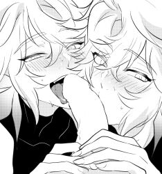 3boys blowjob blush censored_penis collaborative_fellatio fate/grand_order fate_(series) gay half-dressed holding_penis kissing_penis licking_penis long_hair long_hair_male looking_up merlin_(fate) oral_sex penis selfcest skinfluting yaoi